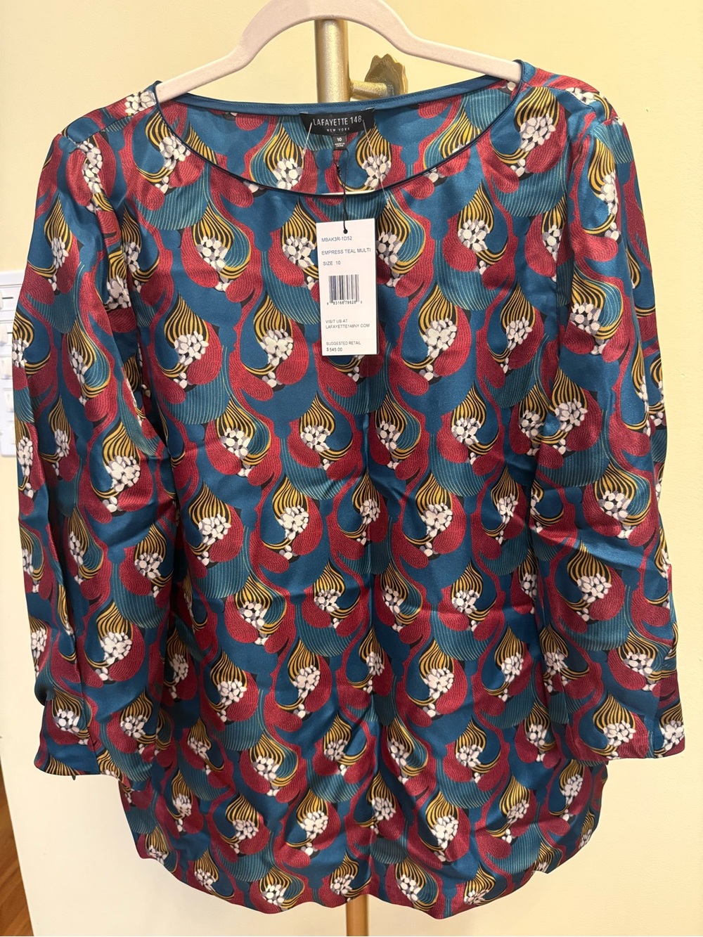 Lafayette 148 New York Teal and Red Abstract Silk Print Blouse